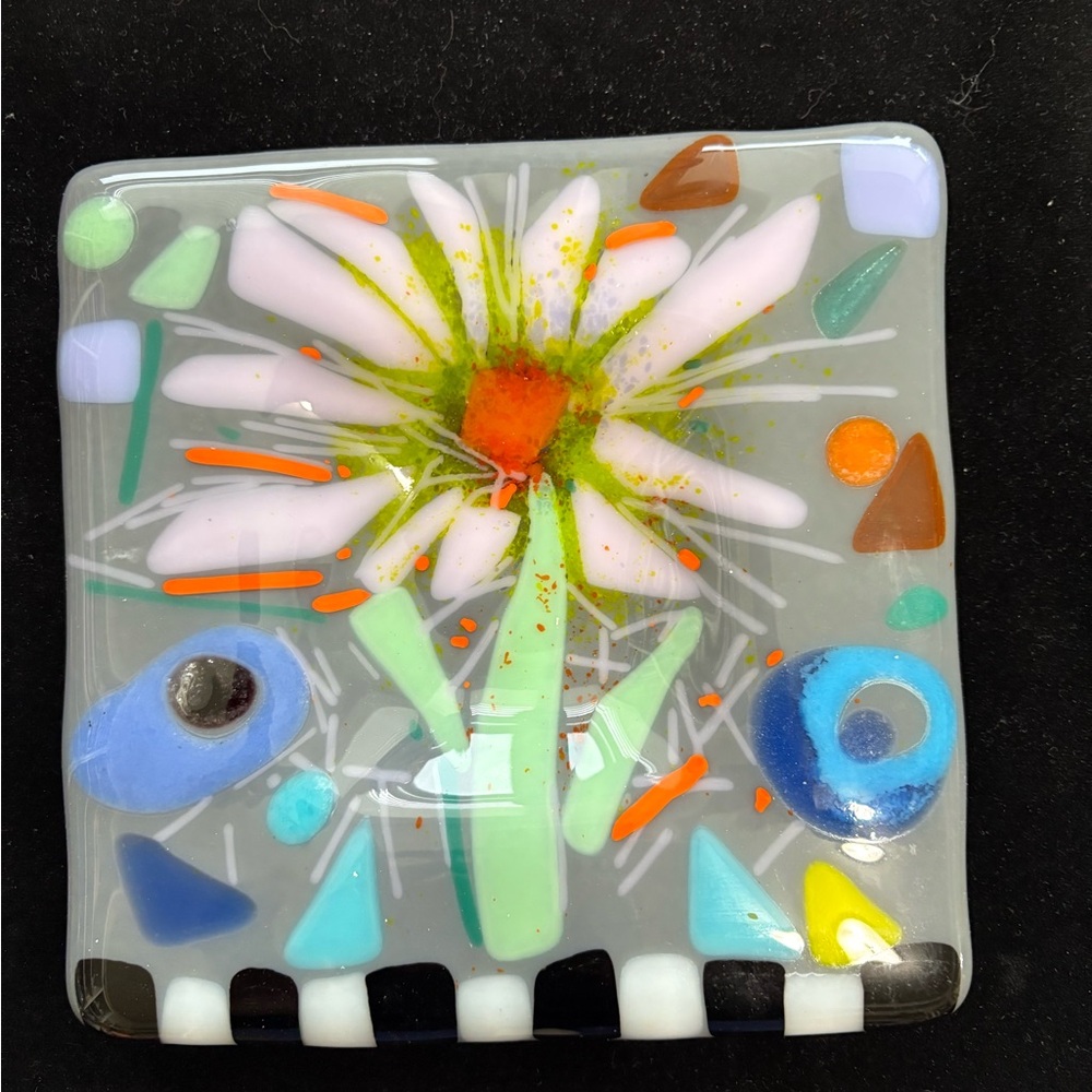 “Wild Flower ”Fused Art Glass  Handmade 6.5”Square Bowl Grey By Victoria Heisler